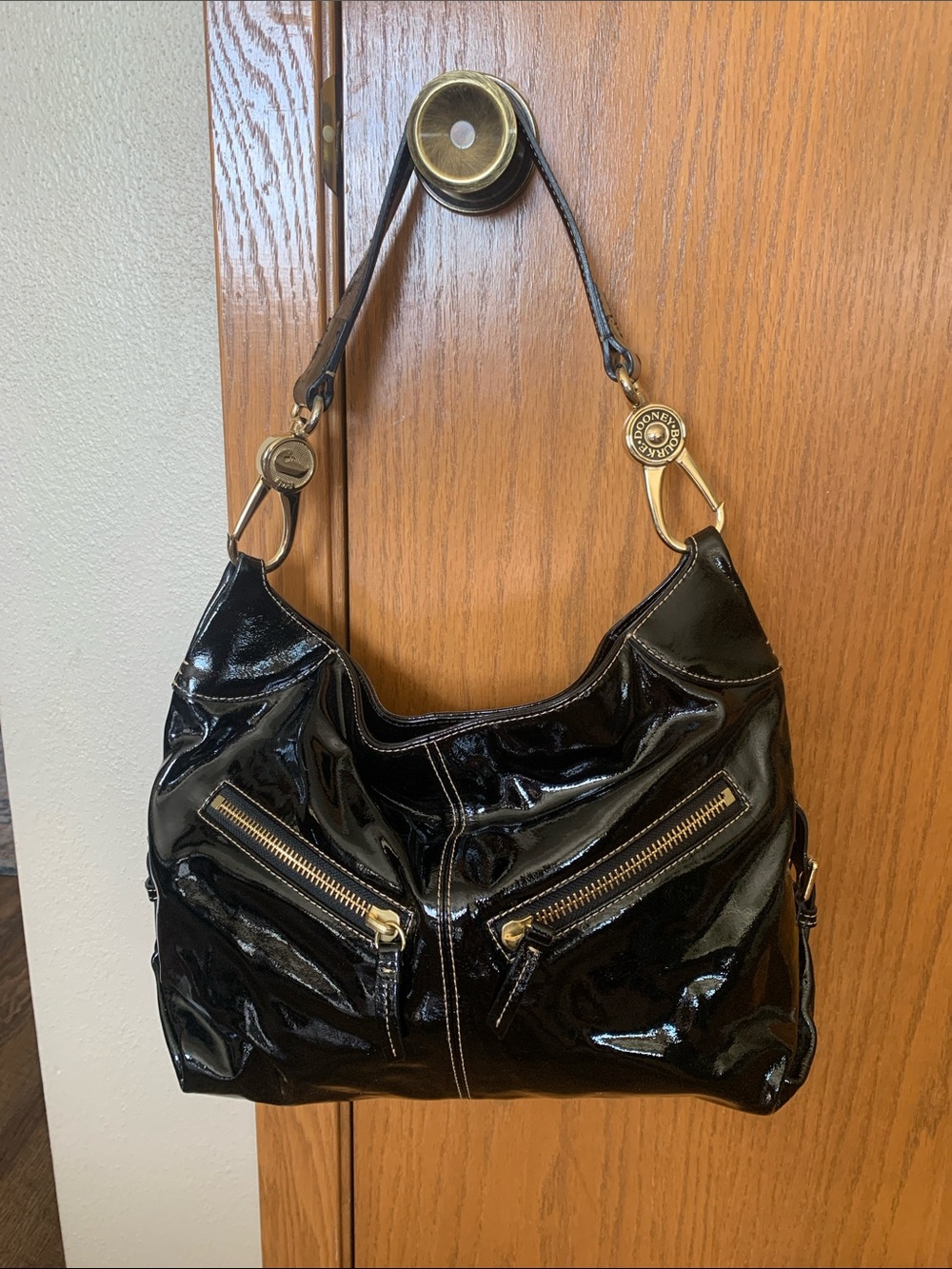 Dooney and Bourke vintage Patent Leather Shoulder Bag with Gold Hardware - Black